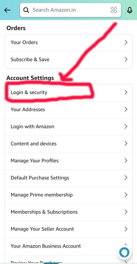 Login And Security Option Highlighted In Amazon App