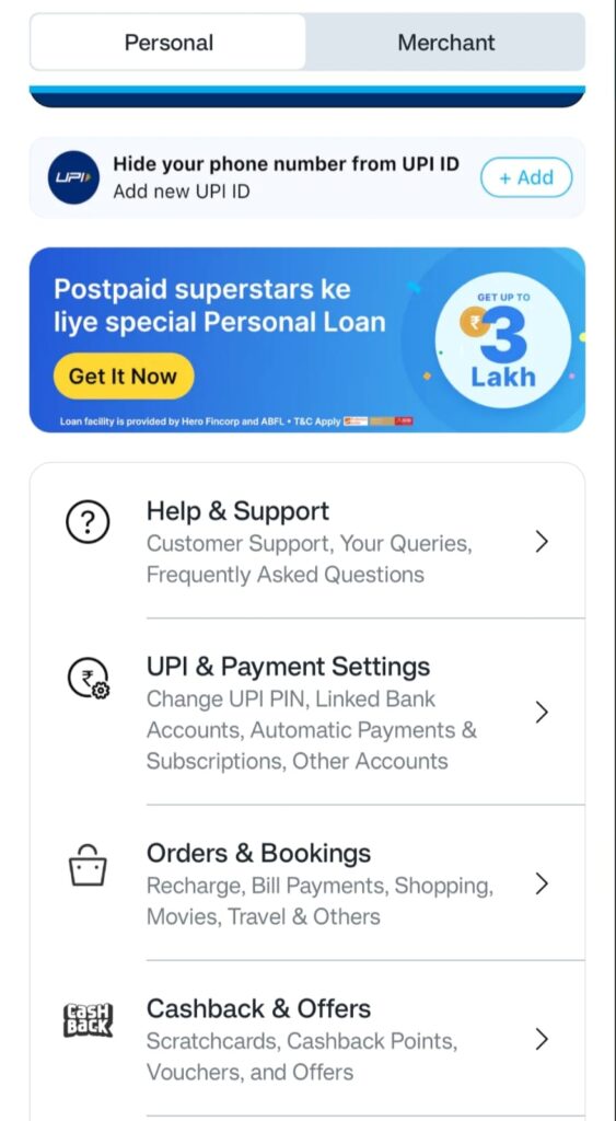 Help & Support Option Highlighted In Paytm App