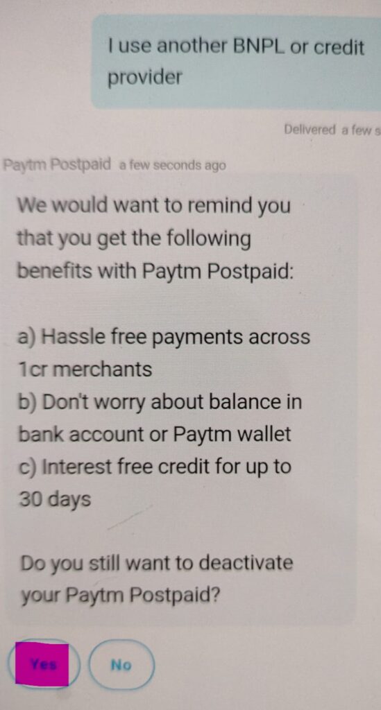 Yes Option Highlighted In Paytm To Close OR Deactivate Paytm Postpaid Account